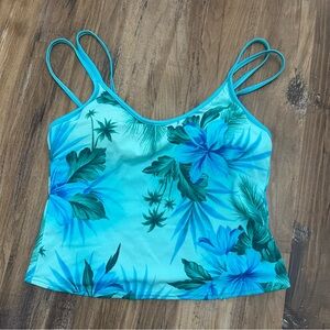 VTG Y2K 2000s Blue Tropical Hibiscus Hawaiian Floral Tankini Swim Tank Top